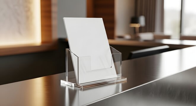 Close-up of a blank white paper in a transparent acrylic holder on a modern reception desk, ready for custom branding or information display.
