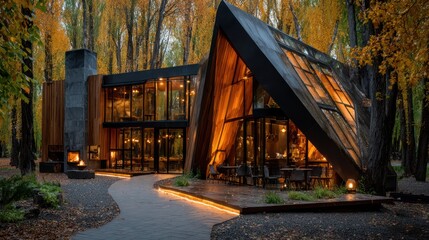 Fototapeta premium Modern A-frame home with large windows, nestled in a fall foliage forest at dusk