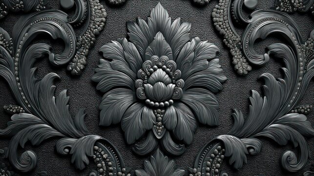 Intricate grayscale floral design with detailed leaves, swirls, and ornamental flourishes against a textured background