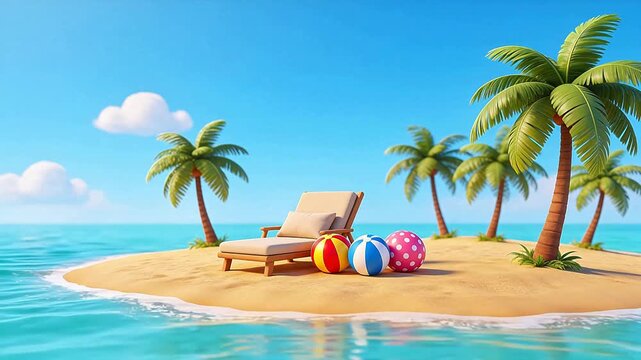 Tropical beach island with lounge chair and balls