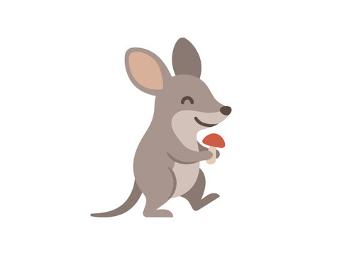 Cute cartoon bilby character illustration holding a small red mushroom in a friendly forest environment for children design projects