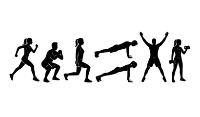 Fototapeta premium Fitness Workout Silhouette Vector Set Men and Women Exercise Training Icons Collection Isolated on White Background