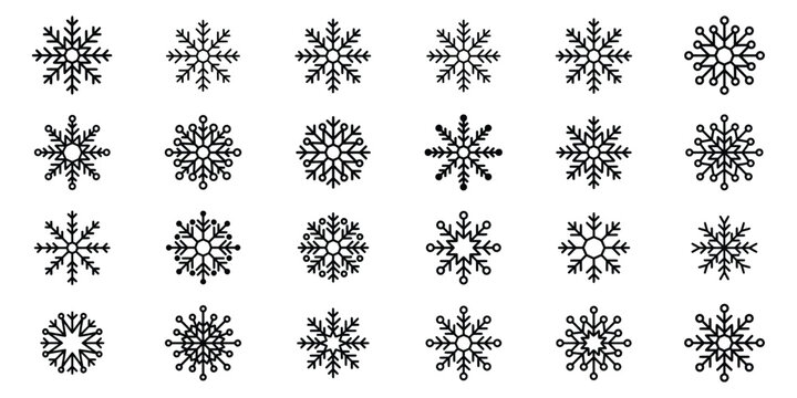 Snowflakes featuring stylized black winter designs with simple geometric shapes isolated on a clean white background for seasonal decoration.