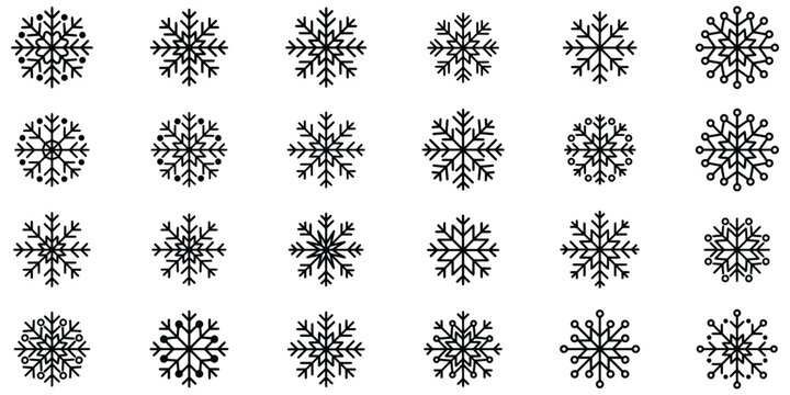 Snowflakes featuring stylized black winter designs with simple geometric shapes isolated on a clean white background for seasonal decoration.