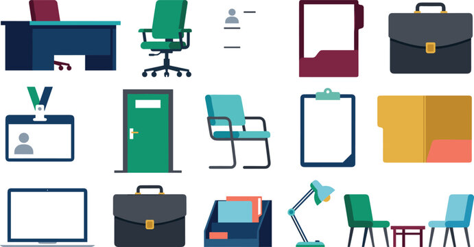 Corporate business office equipment and flat workspace stationery icon set with desks chairs folders and laptops for professional workplace branding