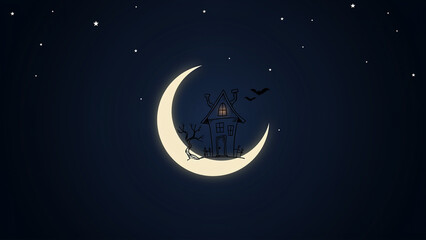 Naklejka premium Crescent moon and haunted house illustration with stars dark blue background