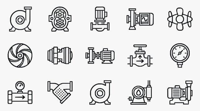 Sleek Black and White Line Icons Set of Industrial Pumps Valves and Mechanical Equipment Illustrations