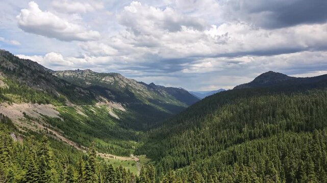 Aerial view of green mountain valley in Washington state