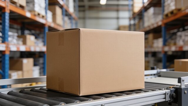 Cardboard Shipping Box Mockup on Industrial Warehouse Conveyor Belt