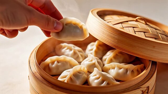 Steaming dumplings in bamboo steamer