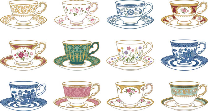 Vector illustration set of antique porcelain teacups and saucers with intricate floral designs for vintage kitchenware advertising