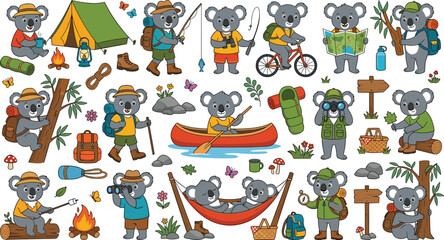 Fototapeta premium Cute cartoon koala bear camping and outdoor adventure character set with tents canoes and hiking gear for summer camp marketing graphics