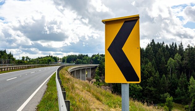 Yellow road sign showing left curve beside highway under cloudy sky