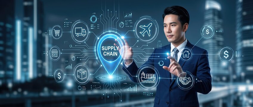 Business professional interacting with supply chain technology interface in modern cityscape at night symbolizing logistics and digital transformation