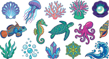 Vibrant marine life and fantasy ocean creature sticker set featuring sea turtle octopus jellyfish seahorse coral and pearl vector illustrations for gaming asset layouts © AdhinChandra