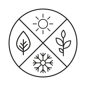 Minimal line icon representing the four seasons with sun, snowflake, leaf, and sprout inside a circular segmented badge.