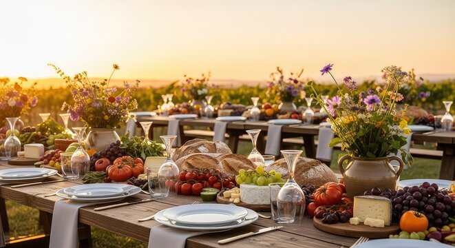 A rustic outdoor banquet features long wooden tables laden with organic produce, freshly baked bread, and floral arrangements at sunset, decorations, centerpiece, culinary