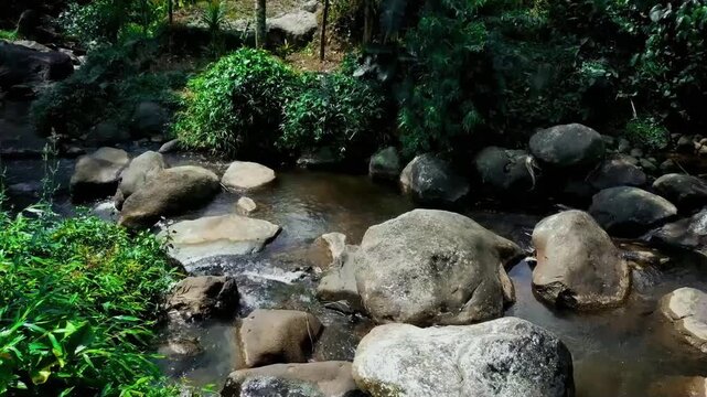 Water glides smoothly across a wide, rocky riverbed, moving around scattered stones of varying sizes. The gentle, unbroken flow produces a calming ASMR sound suited for relaxing into deep sleep.