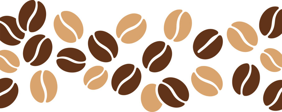 A horizontal pattern of roasted coffee beans in brown and tan colors for drink design