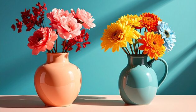 Two ceramic vases with vibrant flowers against bold colorful background