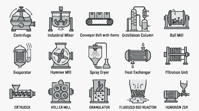 Professional of Industrial Processing Equipment with Labels Black and White Line Art with high quality professional line art symbols for modern creative design and digital branding projects