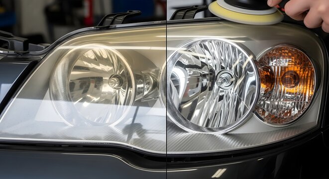 Before and after comparison of a car headlight restoration showing the dramatic difference in clarity and brightness achieved through professional polishing.