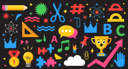 Fototapeta premium Vibrant and playful vector illustration featuring colorful geometric shapes, abstract patterns, and bold lines on a clean background for creative design projects and digital art.