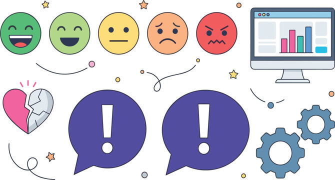 Customer Feedback Analytics Icon Set with Sentiment Emoticons Broken Heart Speech Bubbles Computer Dashboard Chart and Gears for Business Service Review Designs
