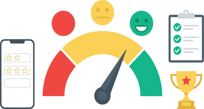 Customer Feedback and Satisfaction Rating Icon Set Featuring Gauge Meter, Trophy, Clipboard Checklist, Smartphone Review, and Colorful Mood Emoticons