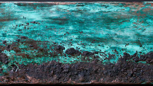 Abstract background texture of weathered oxidized copper sheet with green verdigris patina and grunge scratches