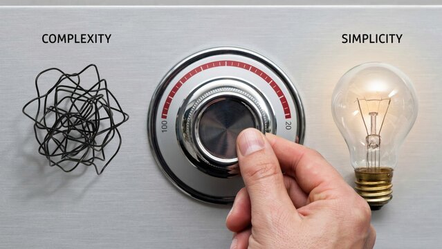 Conceptual dial turning from complexity to simplicity, hand adjusting metal knob toward glowing light bulb, business problem solving and innovation