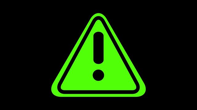 A bright green triangular warning sign with a dark gray border and a bold gray exclamation mark is depicted on a solid black background, indicating a critical alert or a point of interest in a