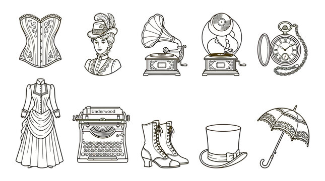 Vintage Victorian Era Objects Collection: Fashion, Music, Timekeeping, Writing, Accessories