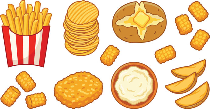 Vector cartoon potato fast food icons set featuring french fries potato chips baked potato tater tots hash browns mashed potatoes and wedges