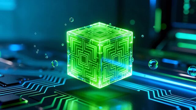 Glowing green cube on circuit board