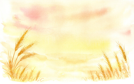 夕焼け空に麦畑の風景の水彩画