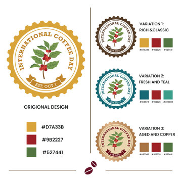 International Coffee Day badge design collection with vintage logo variations and color palette presentation set