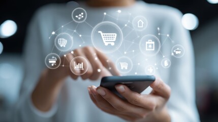 Fototapeta premium Woman using smartphone for online shopping with digital icons
