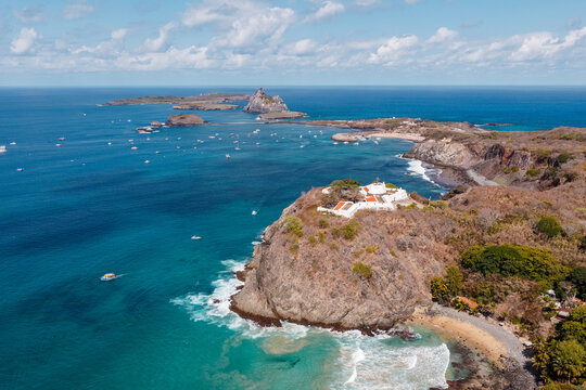 Aerial view of the rugged coastline and turquoise bays, Fernando de Noronha, Pernambuco, Brazil