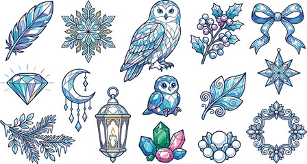 Winter magic crystal icons set with snowy owls lanterns and frosted holiday elements for seasonal Christmas marketing and greeting card design © AdhinChandra