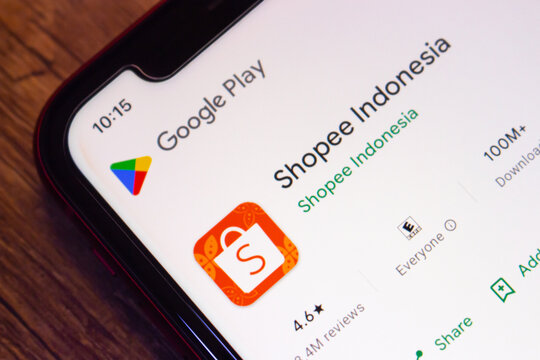 Mexico City, MEXICO - Jul 7 2026 : Close-up of Shopee Indonesia app listing on the Google Play store.