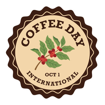 International Coffee Day round badge with coffee branch illustration vintage retro celebration label design