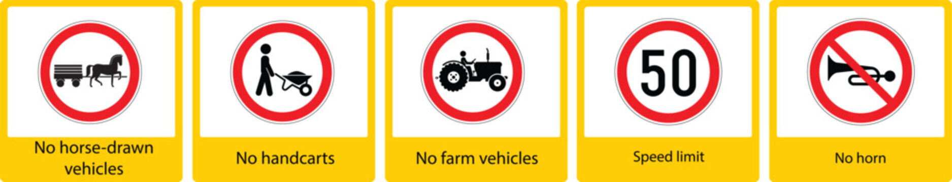 No entry signs for various vehicles and speed limit