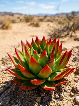 Vibrant succulent plant with red tipped green leaves growing in a dry desert landscape under a clear blue sky.