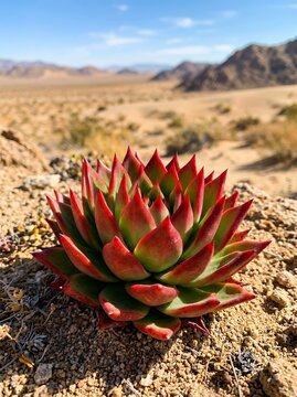 Vibrant Succulent Plant Thrives in Arid Desert Landscape Under Blue Sky.