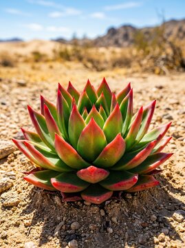 Vibrant succulent plant growing in arid desert landscape under a clear blue sky.