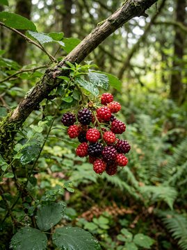 Wild Blackberries Ripening on a Branch in a Lush Forest.