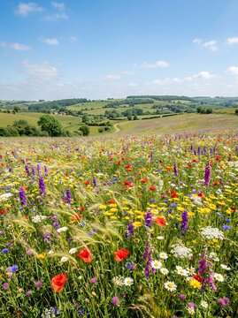 Vibrant Wildflower Meadow Under a Blue Summer Sky.