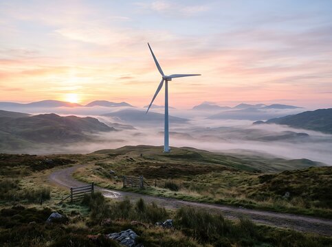 Wind turbine in misty landscape at sunrise.