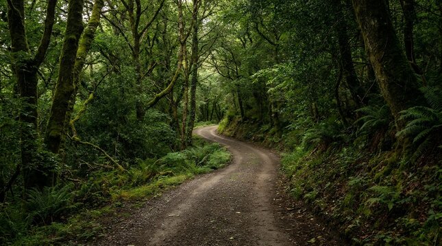 Winding dirt road through a lush green temperate rainforest with mossy trees.